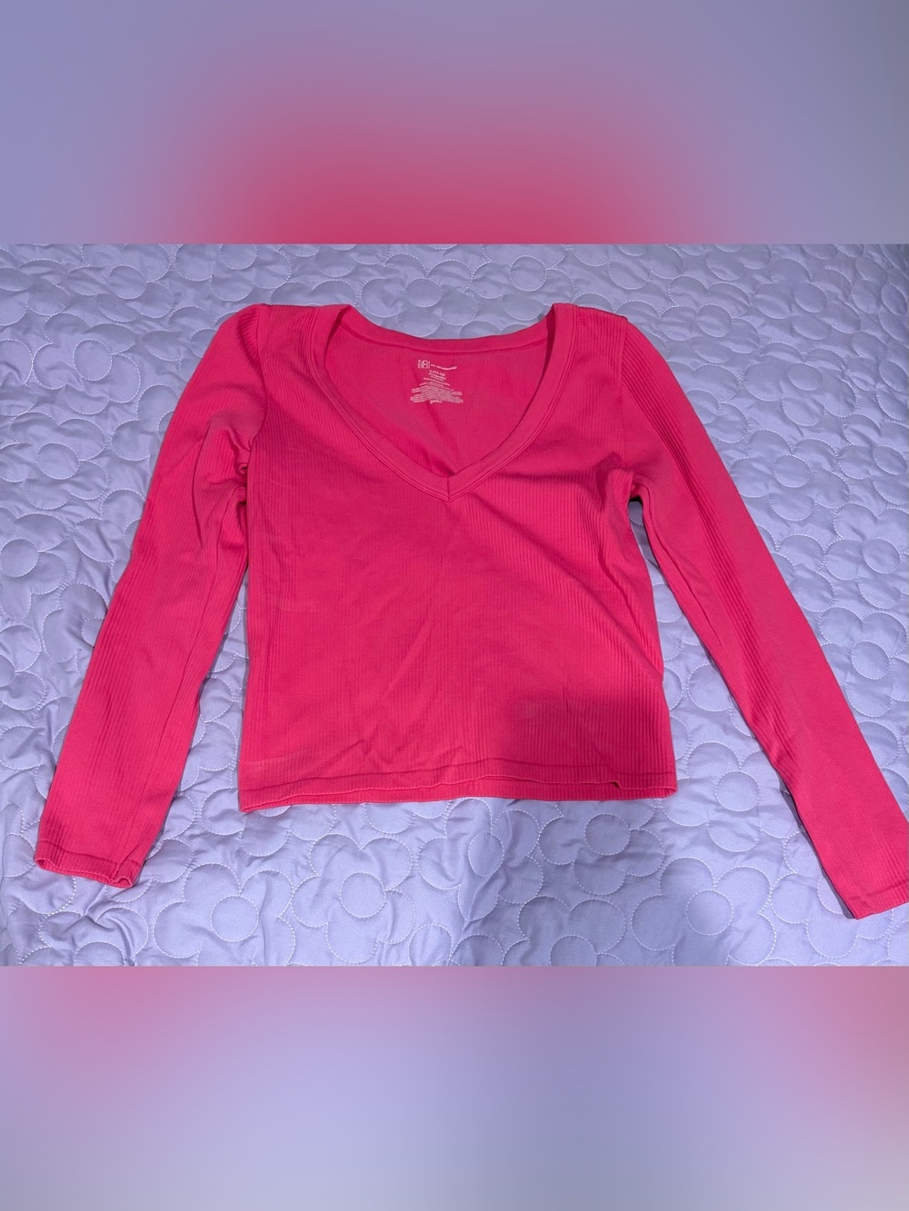 No Boundaries Ribbed V-Neck Long Sleeve Top Pink Large